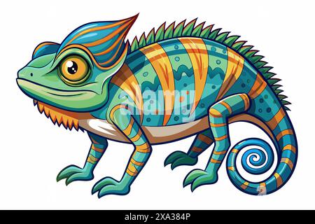 Camaleonte colorato isolato su sfondo bianco. Concetto di illustrazione di animali selvatici, stile minimalista, simpatica lucertola. Perfetto per la stampa, l'arte, l'icona, d Illustrazione Vettoriale