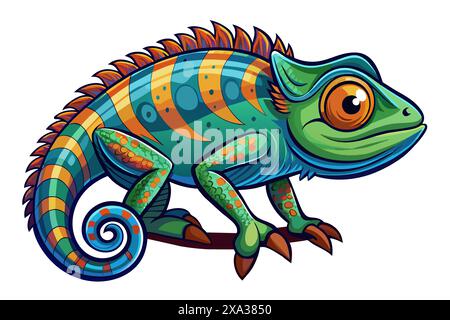 Camaleonte colorato isolato su sfondo bianco. Concetto di illustrazione di animali selvatici, stile minimalista, simpatica lucertola. Perfetto per la stampa, l'arte, l'icona, d Illustrazione Vettoriale