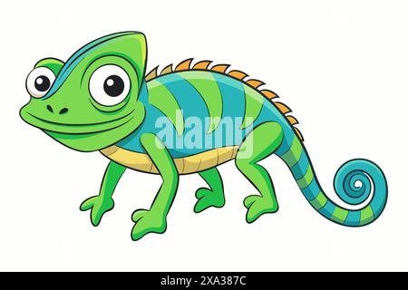 Colorato camaleonte dei cartoni animati isolato su sfondo bianco. Concetto di illustrazione di animali selvatici, stile minimalista, simpatica lucertola. Perfetto per la stampa, l'arte, Illustrazione Vettoriale