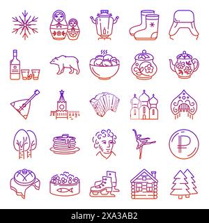 Icona dei simboli tradizionali della Russia impostata in stile di linea. Illustrazione vettoriale. Illustrazione Vettoriale