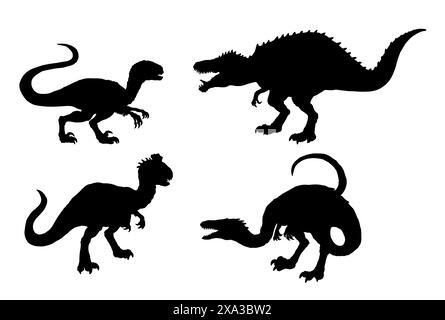 Silhouette nera di dinosauri carnivori. Velociraptor, Acrocanthosaurus, Crylophosaurus e Coelophysis. Illustrazione dell'icona. Foto Stock