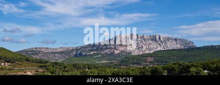 Vista panoramica sulle montagne Sainte-Victoire, una cresta calcarea di 18 km a Bouches-du-Rhône e Var, nel sud della Francia, ispirò Cézanne e molti altri artisti Foto Stock
