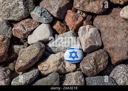 La bandiera israeliana ha dipinto la roccia. Pietra dipinta a mano con Magen David tra le altre rocce sulla spiaggia di ciottoli Foto Stock