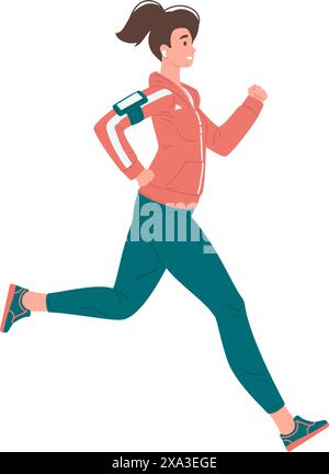 Donna sportiva felice che si diverte a correre all'aperto ascoltando musica con le illustrazioni vettoriali degli auricolari. Corsa femminile sorridente, jogging, esercizio cardiovascolare, mara Illustrazione Vettoriale