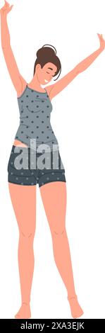 Donna sorridente del mattino in pigiama in piedi allungando il corpo delle mani con un'illustrazione piatta del vettore di emozione positiva. Donna felice e rilassata in cotto domestico Illustrazione Vettoriale