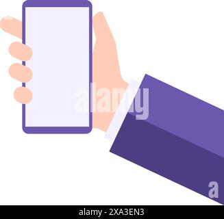 Mano umana in tuta smartphone con supporto verticale con schermo vuoto utile interfaccia utente vettoriale illustrazione piatta. Uomini d'affari usano la mafia Illustrazione Vettoriale