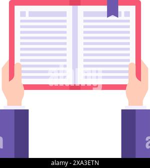 Mano professionale maschile che tiene in mano un blocco appunti, un diario o un libro da lettura con un'illustrazione piatta vettoriale del segnalibro. Uomo che pianifica il lavoro di sviluppo di relazioni finanziarie Illustrazione Vettoriale