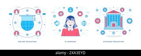 Set di illustrazioni vettoriali di banner a linee piatte con icone grafiche per varie campagne di marketing di servizi di formazione online sui social media. Lineare S Illustrazione Vettoriale
