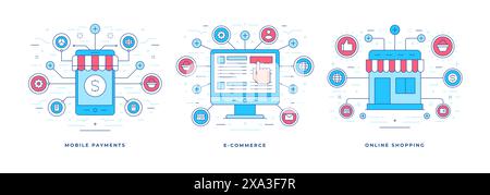 Set di illustrazioni vettoriali banner lineari piatti con icone grafiche progettate per servizi di e-commerce e shopping online convenienti. Stile lineare desig Illustrazione Vettoriale