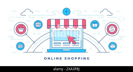 Illustrazione vettoriale di banner a linea piatta con icone grafiche intorno al notebook a forma di negozio per un sito Web moderno che promuove lo shopping online. Stile lineare desig Illustrazione Vettoriale