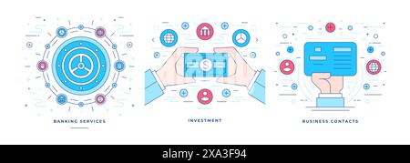 Set di illustrazioni vettoriali banner lineari piatti con icone grafiche create per la pubblicità vari servizi bancari moderni per le aziende. Stile della linea Illustrazione Vettoriale