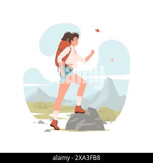 Illustrazione vettoriale di una donna moderna con zaino che calza su pietra mentre esplora la natura selvaggia durante il viaggio nella natura il giorno estivo Illustrazione Vettoriale