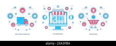 Set di illustrazioni vettoriali banner a linee piatte con icone per il servizio di delivery e la campagna di marketing e-commerce sui social media. Design lineare t Illustrazione Vettoriale