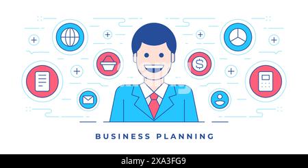 Illustrazione vettoriale del design del banner lin piatto con icone grafiche intorno al dipendente felice per i servizi di pianificazione aziendale del sito Web. Design lineare Illustrazione Vettoriale