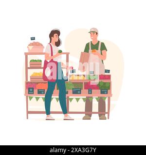 Donna che acquista generi alimentari da uomo sul mercato illustrazione vettoriale. Moderna cliente femminile che acquista frutta e verdura fresche da un cordiale venditore maschile mentre Illustrazione Vettoriale