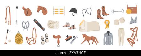 Set vettoriale con icone piatte colorate per l'equitazione. Illustrazioni di equipaggiamento equestre in stile moderno alla moda disegnato a mano. Cartelli per gli sport equini. Dressage, spettacolo Illustrazione Vettoriale
