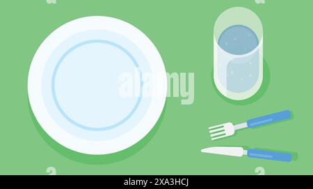 Svuotare la piastra su una tovaglia verde con forchetta, coltello e acqua di vetro. illustrazione vettoriale di posate con piatto in stile piatto Illustrazione Vettoriale