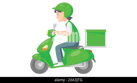 Scooter da trasporto con scatola di consegna in uniforme verde. concetto di servizio di consegna di generi alimentari e pacchi. illustrazione vettoriale Illustrazione Vettoriale