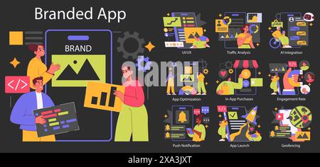 Concetto di app con marchio. Un kit di strumenti di marketing digitale che offre personalizzazione delle app, progettazione dell'esperienza utente e analisi dei dati. Esempio delle fasi del processo di sviluppo delle app. Illustrazione vettoriale. Illustrazione Vettoriale