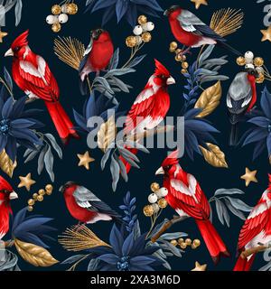 Motivo senza cuciture con elementi natalizi come abete, uccelli rossi, fiori. Vettore. Illustrazione Vettoriale