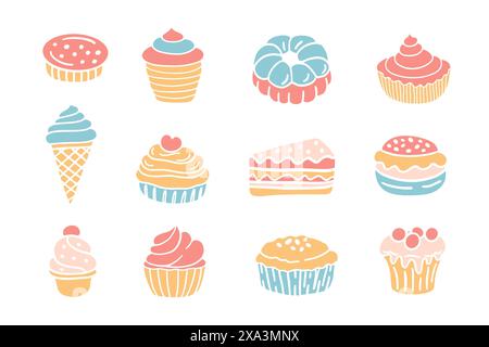 Dolci panetteria francese Set di dessert torte e icone di doodle Illustrazione Vettoriale