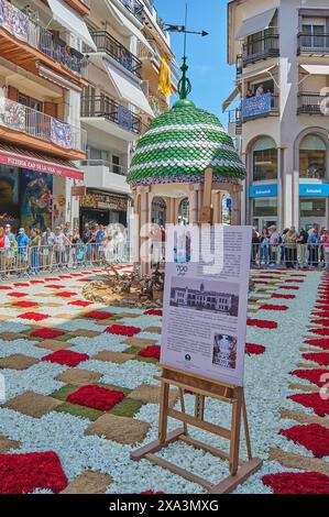 Sitges, Barcellona, Spagna - 3 giugno 2024: La strada si trasforma in un'opera d'arte durante un festival a Sitges, con un impressionante design floreale attratto Foto Stock