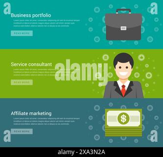 Intestazioni di siti Web o banner promozionali modelli e design di icone piatte. Valigia portafoglio aziendale, responsabile consulente assistenza, marketing affiliato dol Illustrazione Vettoriale