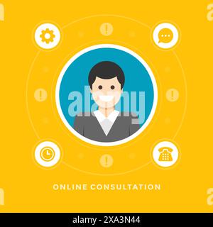 Design piatto, illustrazione aziendale vettoriale, consulenza online, consulente personale per siti Web e banner promozionali. Illustrazione Vettoriale