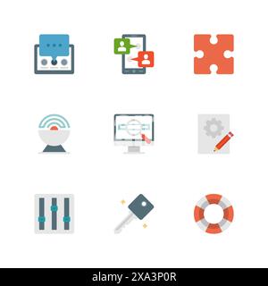 Icone di design piatto, computer tablet, smartphone, profilo utente, torta puzzle, satellite, schermo, lente d'ingrandimento, design grafico, Eqailizer. Busin vettoriale Illustrazione Vettoriale
