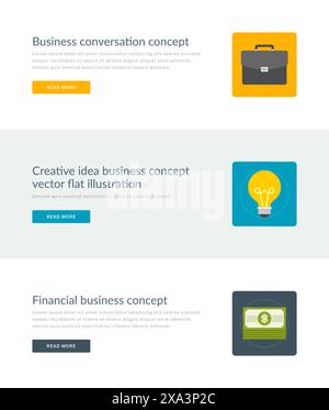 Intestazioni di siti Web o banner promozionali modelli e design di icone piatte. Valigetta per conversazioni aziendali, lampada per idee creative, denaro finanziario dollari contanti. Illustrazione Vettoriale