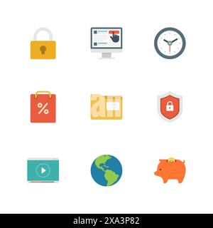 Icone di design piatto, sicurezza della serratura, shopping online, orologio, shopping bag, cartella file, protezione Sheld, Video Tutor, Globe Piggy Bank. Simbiosi di business vettoriale Illustrazione Vettoriale