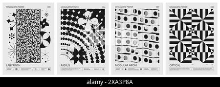 Manifesti minimalistici vettoriali geometrici moderni astratti con forme semplici in bianco e nero e silhouette di figure geometriche di base, composizione gra Illustrazione Vettoriale