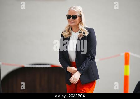 Oslo 20240604. La principessa norvegese mette-Marit pone la prima pietra per il nuovo Museo dell'età vichinga a Bygdøy. Foto: Stian Lysberg Solum / NTB Foto Stock