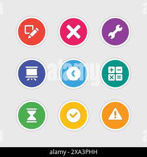 Icone di stile di progettazione del materiale segno vettoriale e simboli matita, croce, freccia, calcolatrice, Orologio, attenzione, approvato. Elementi per siti Web, banner Web, m Illustrazione Vettoriale