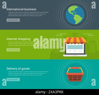 Intestazioni di siti Web o banner promozionali modelli e design di icone piatte. Affari internazionali, shopping su Internet, consegna. Illustrazione vettoriale. Illustrazione Vettoriale
