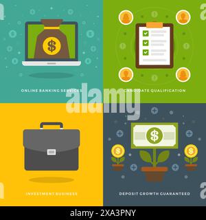 Modelli di banner promozionali per siti Web e design di icone piatte. Servizi bancari on-line, qualificazione dei candidati, attività, crescita dei depositi. Illustr vettoriale Illustrazione Vettoriale