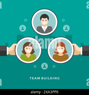 Design piatto, concetto di illustrazione aziendale vettoriale, mani di team building che tengono le icone dei dipendenti per il sito Web e i banner promozionali. Illustrazione Vettoriale