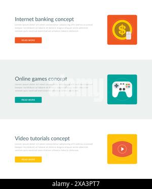 Intestazioni di siti Web o banner promozionali modelli e design di icone piatte. Denaro bancario su Internet, gamepad per giochi online, pulsante di riproduzione video tutorial. Vect Illustrazione Vettoriale