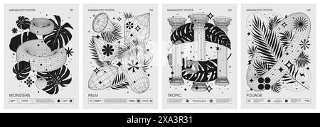 Poster minimalistici futuristici con strani wireframe 3d forme geometriche e foglie esotiche, piante tropicali, opere d'arte con silhouette Illustrazione Vettoriale