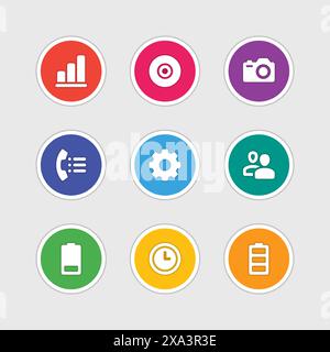 Icone di stile del design del materiale segni vettoriali e simboli grafico, CD, fotocamera, telefono, attrezzatura, utenti, batteria, Orologio. Elementi per siti Web, banner Web Illustrazione Vettoriale