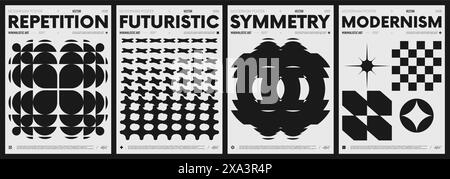 Moderna collezione di poster astratti, poster minimalisti vettoriali con forme geometriche in bianco e nero, grafica ispirata allo stile brutalista, audace estetica Illustrazione Vettoriale