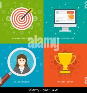 Modelli di banner promozionali per siti Web e design di icone piatte. Strategia aziendale, acquisti online, motore di ricerca, leader di mercato. Set di illustrazioni vettoriali Illustrazione Vettoriale