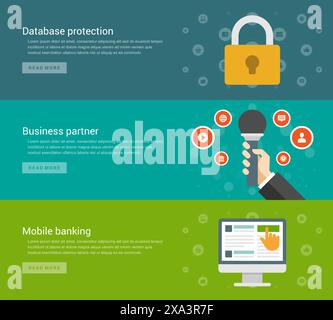 Intestazioni di siti Web o banner promozionali modelli e design di icone piatte. Blocco di protezione del database, microfono portatile per colloquio, moni Mobile Banking Illustrazione Vettoriale
