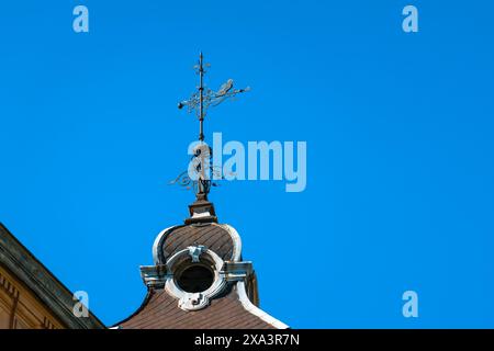 Una vecchia pala metallica forgiata a forma di freccia con un uccello seduto su di essa sulla torretta di un'antica casa sullo sfondo del cielo. Copia spazio Foto Stock