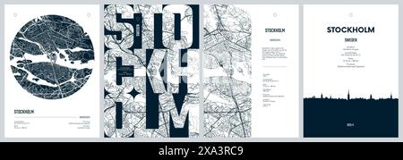 Serie di poster di viaggio con Stoccolma, mappa dettagliata della città, sagoma dello skyline della città, grafica vettoriale Illustrazione Vettoriale