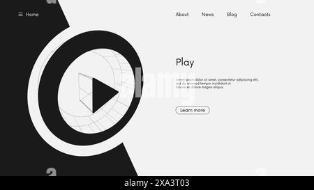Pulsante luminoso di riproduzione, punto di avvio del video in cerchio, contenuti multimediali in live streaming, futuristico segnale geometrico wireframe in prospettiva, busi monocromatico vettoriale Illustrazione Vettoriale
