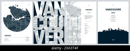Serie di poster di viaggio con Vancouver, mappa dettagliata della città, skyline della città, grafica vettoriale Illustrazione Vettoriale