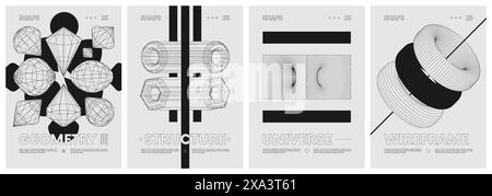 Insoliti strani wireframe, set di poster anti-design ispirati al brutalismo, forma la composizione psichedelica nello stile alla moda Y2K, figure geometriche Illustrazione Vettoriale