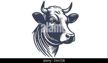 Mucca, toro, manzo. Silhouette a testa di mucca nera con corna Illustrazione Vettoriale