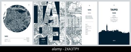 Serie di poster di viaggio con Taipei, mappa dettagliata della città, sagoma dello skyline della città, grafica vettoriale Illustrazione Vettoriale